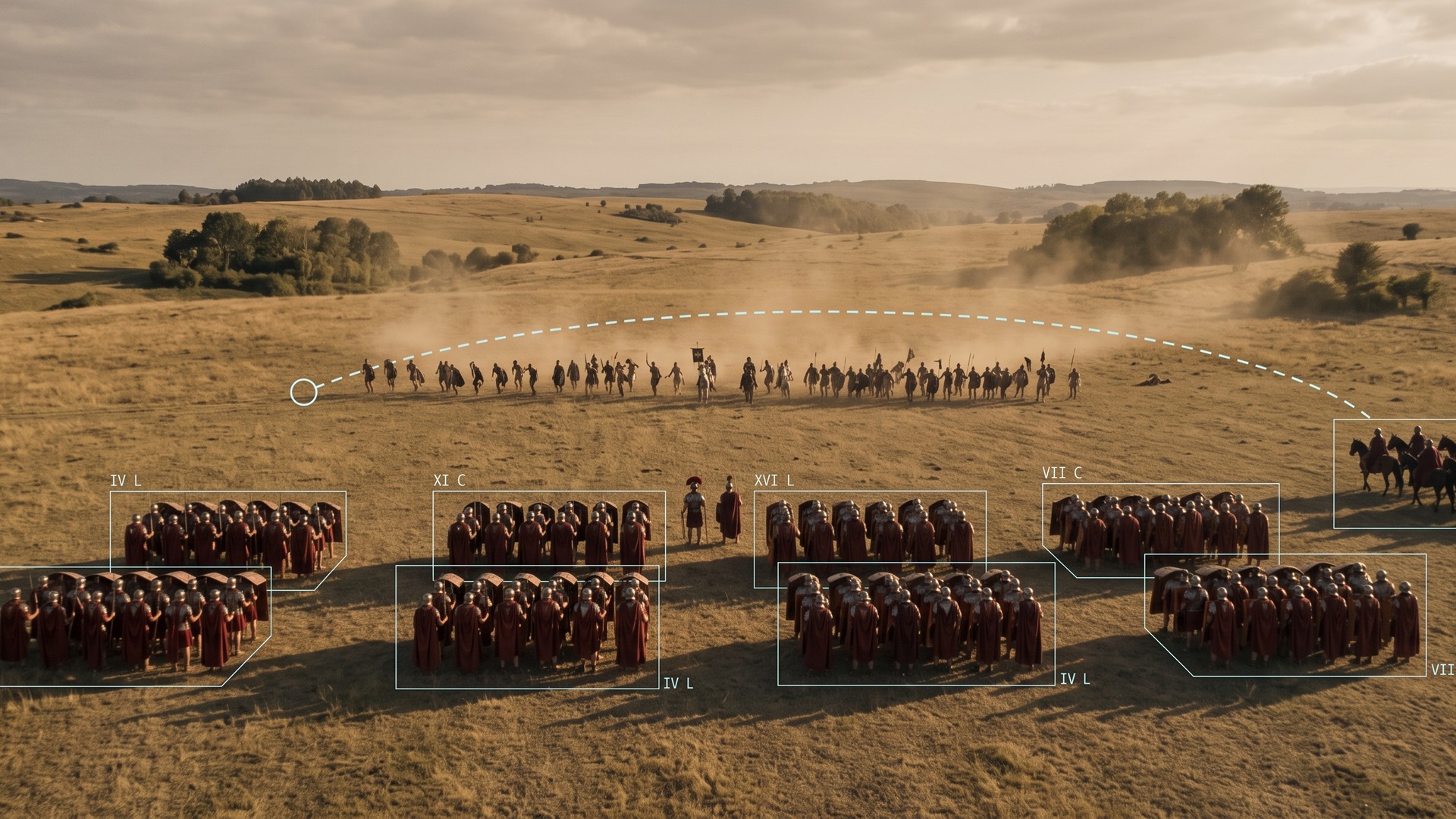 A battle line seen from a low wide angle, with flat cyan annotation boxes labelling each formation