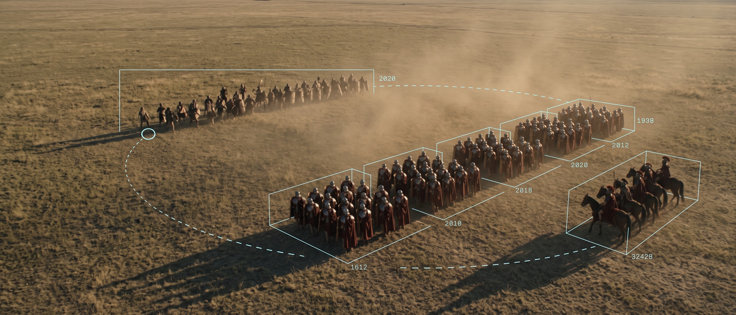 A Roman legion in battle formation on a dry plain, with a thin cyan diagrammatic layer annotating the formations and tracing an arc toward the enemy's exposed left flank