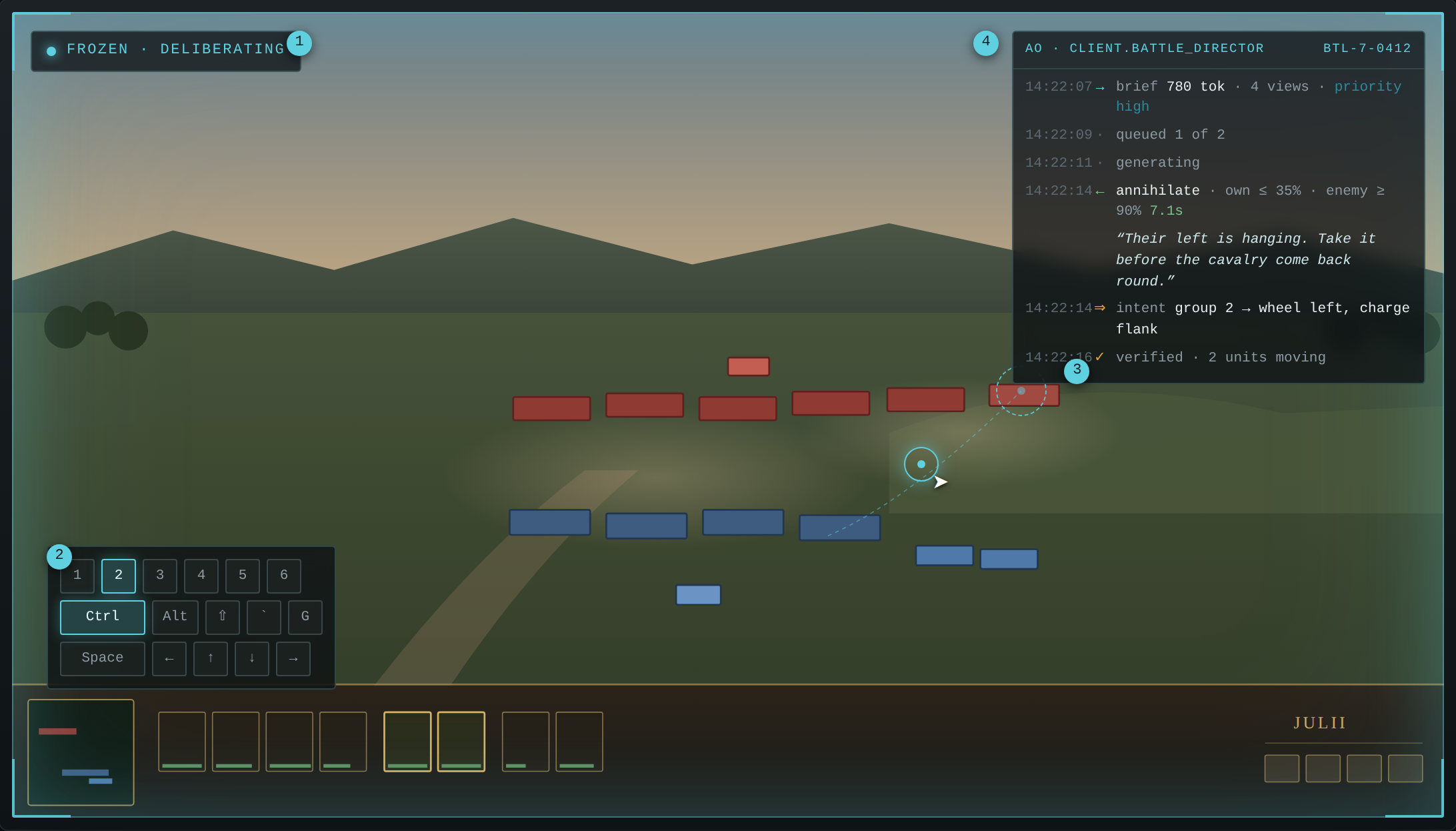 The overlay in use over a Rome Remastered battle: an edge glow, a virtual keyboard, a cursor with an intent marker, and a translucent AO cycle window