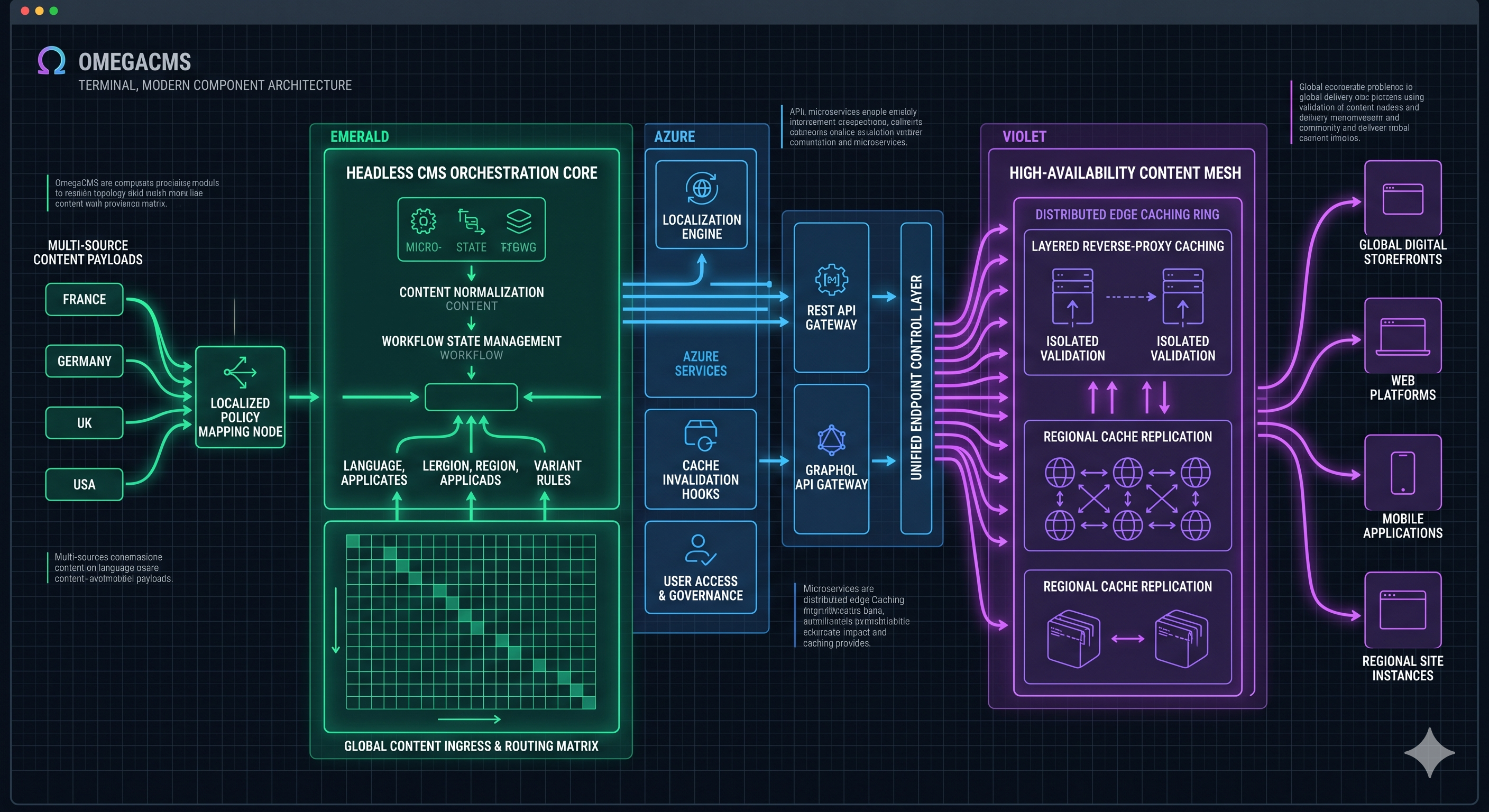 OmegaCMS — enterprise headless content architecture with multi-tenant localization and edge caching
